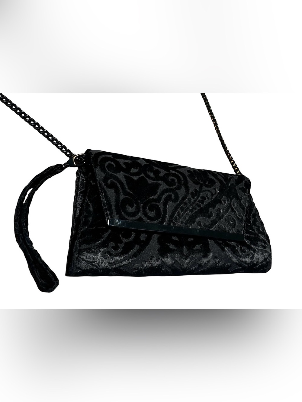 White House Black Market Black Velvet Snap Clutch with Metal Chain Baroque - Picture 4 of 10